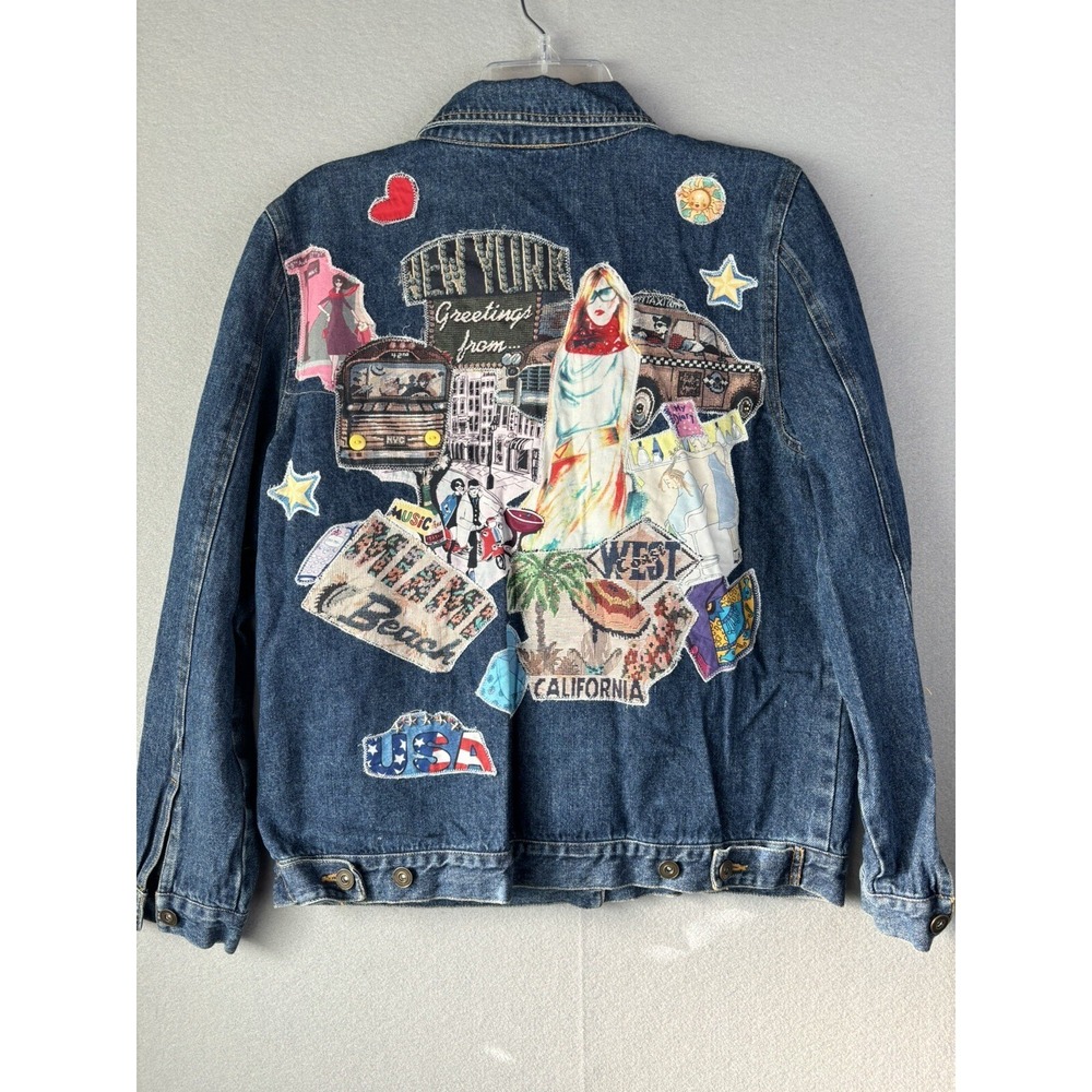 Vintage Appliqué Jean Jacket Jane Elissa Small Blue NYC Miami Denim Trucker 2777